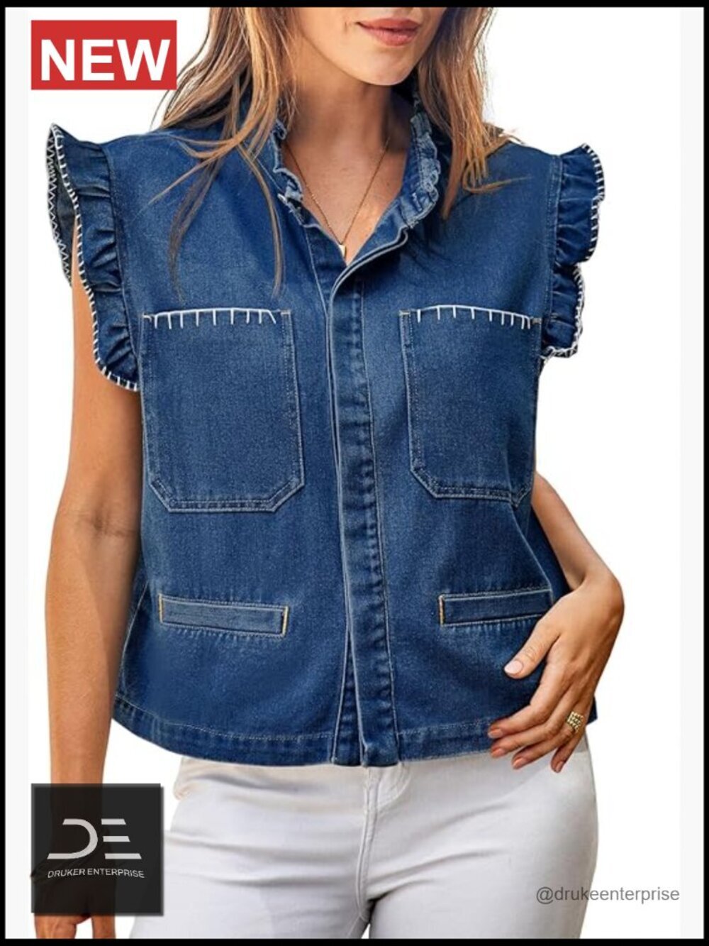 Cropped Denim Vest with Ruffle Sleeves Sleeveless Button-Up Jean Jacket